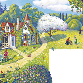 Поляна с домом. Дедушка Саша и бабушка Зина ставят самовар. Разворот.