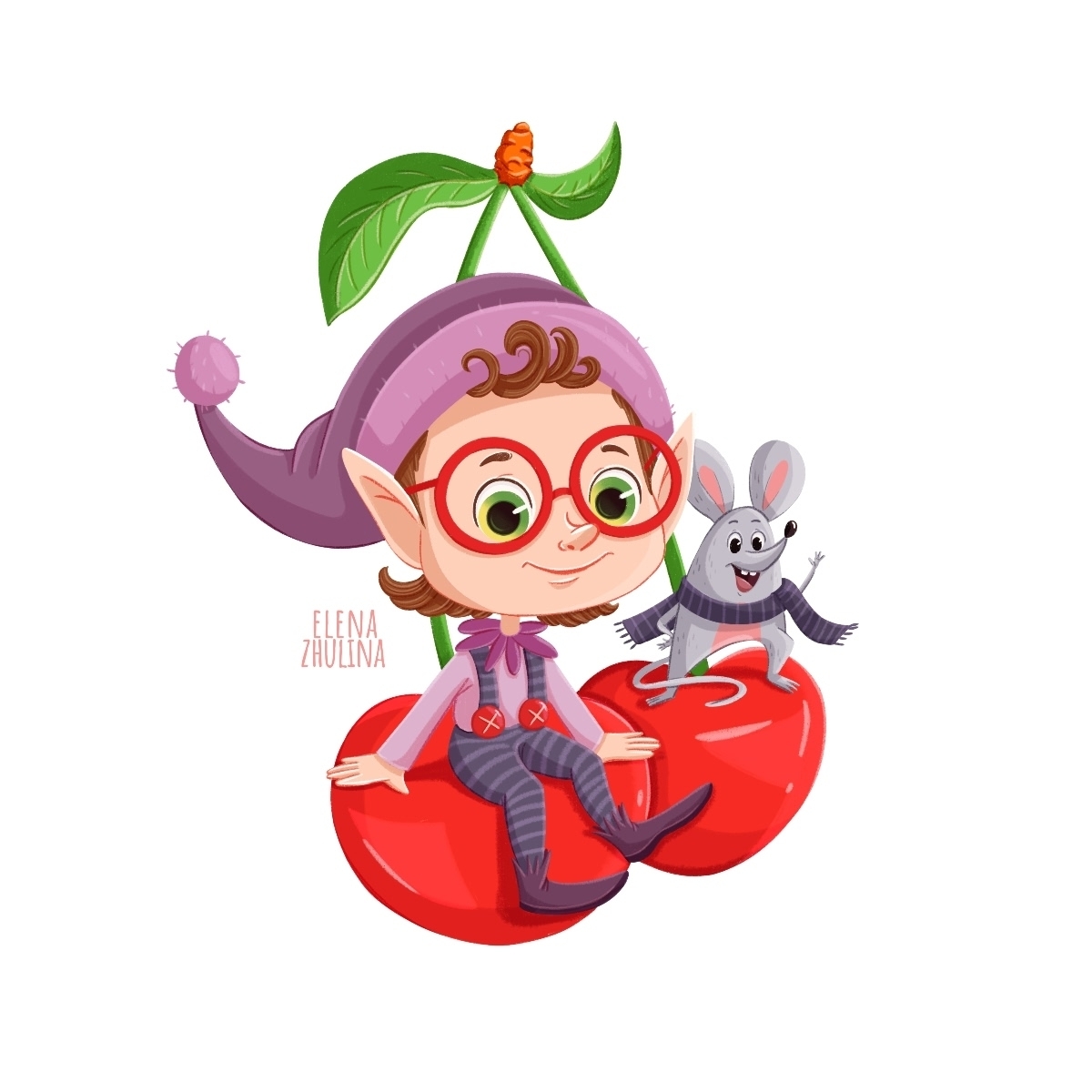 An elf and a mouse on a cherry tree.