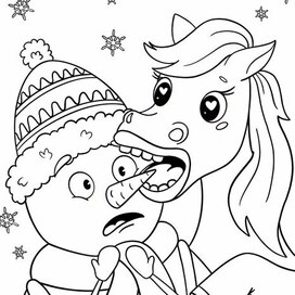 Children's coloring page "Horse Steals Carrot from Snowman"
