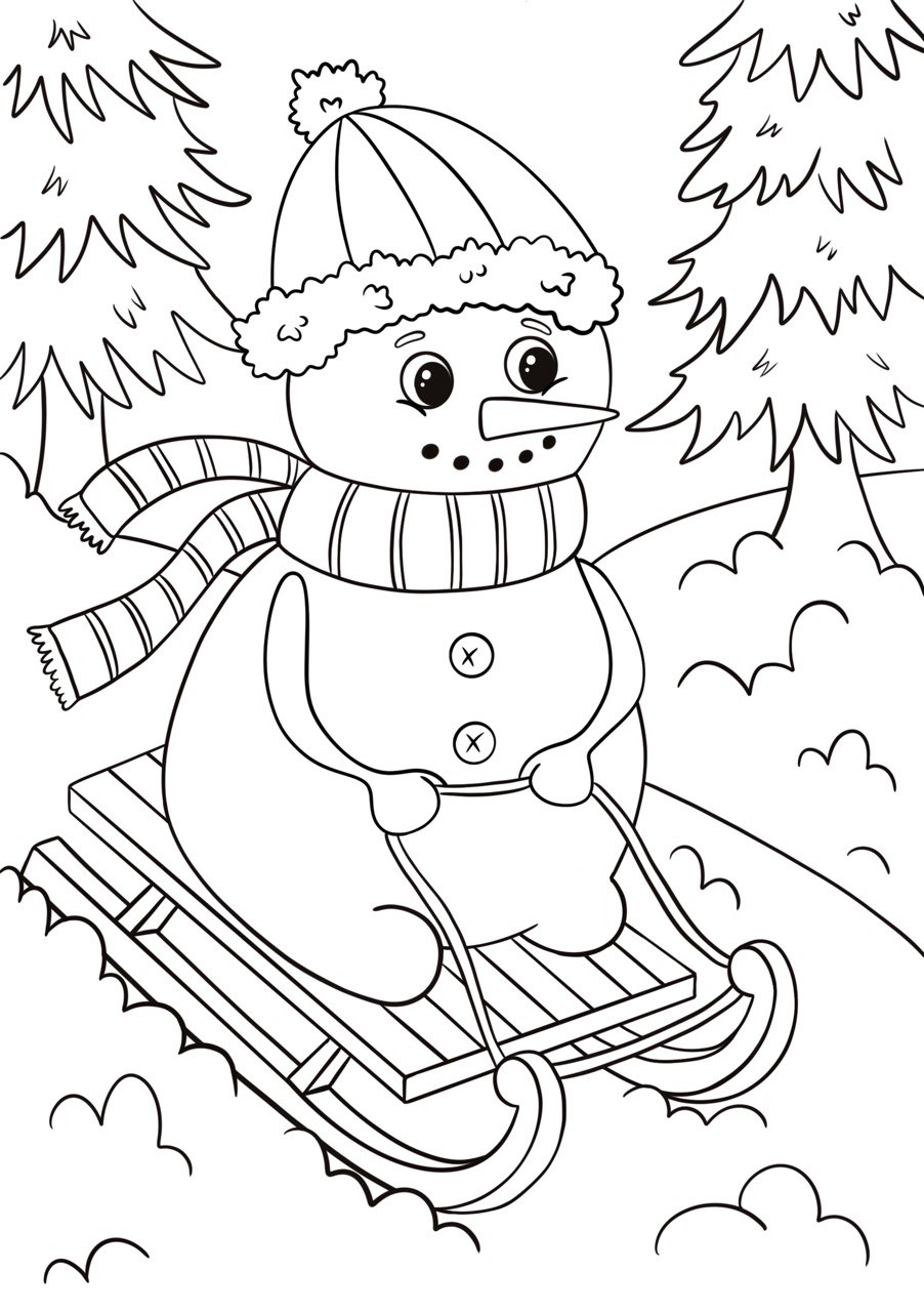 Children's coloring page "Snowman on a sleigh"