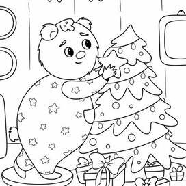 Coloring page "Teddy Bear Decorating the Christmas Tree"