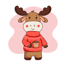 A moose in a sweater with a cup of cocoa