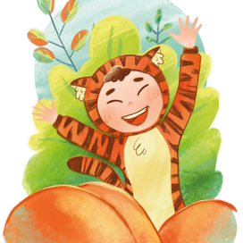 Иллюстрация Ребенок в костюмчике тигра для упаковки 