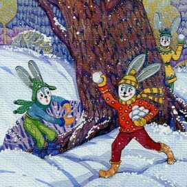 Зайки играют в снежки