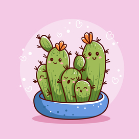 A family of cacti. Kawaii illustration