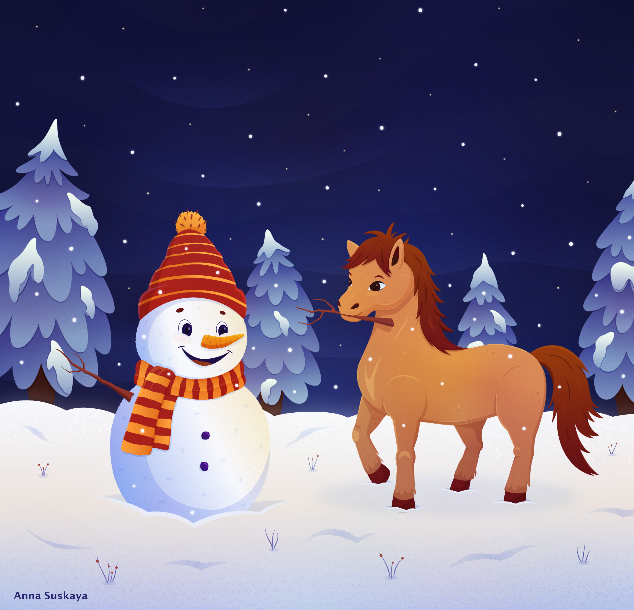 A snowman and a horse in a winter forest