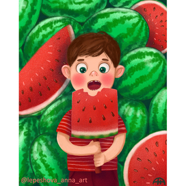 Color in Illustration. Boy and Watermelon