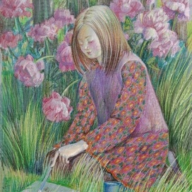 A girl draws a summer