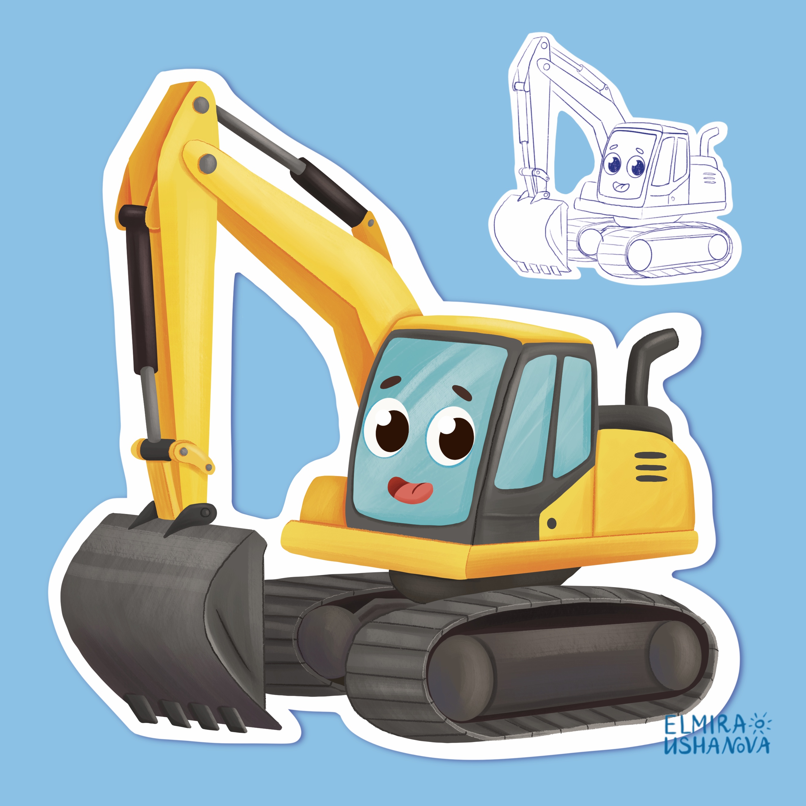 Excavator. Cars with eyes.