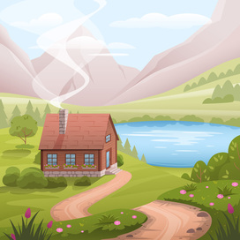 Summer landscape of meadows with a lake and mountains. Cozy village house. Vector illustration.
