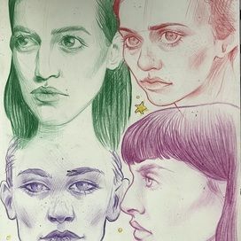 Portraits of girls in colored pensils