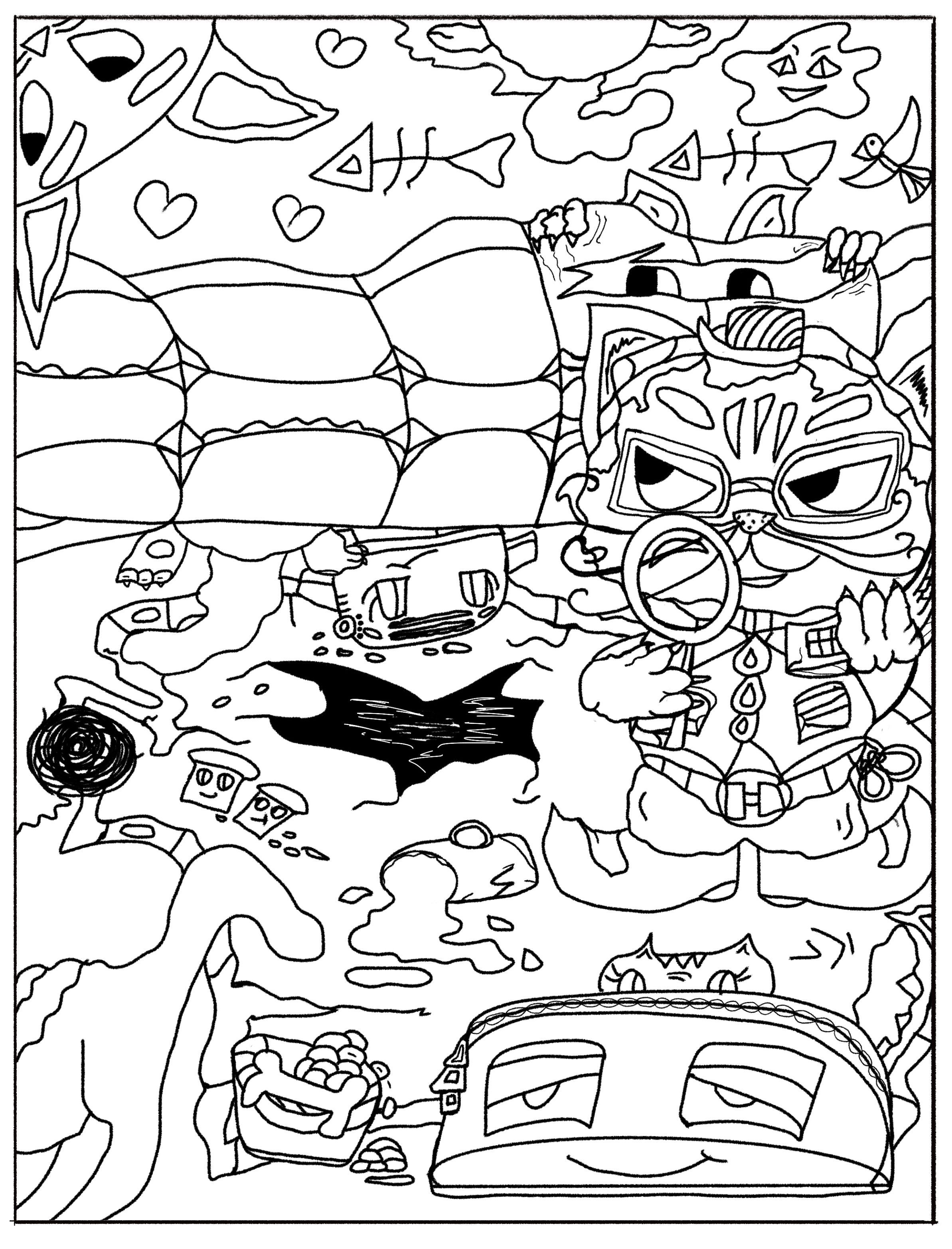 Cat Detective. Black and white raster coloring page illustration