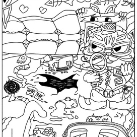 Cat Detective. Black and white raster coloring page illustration