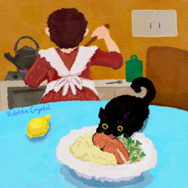 The kitten Coal is tasting the hostess’s dish