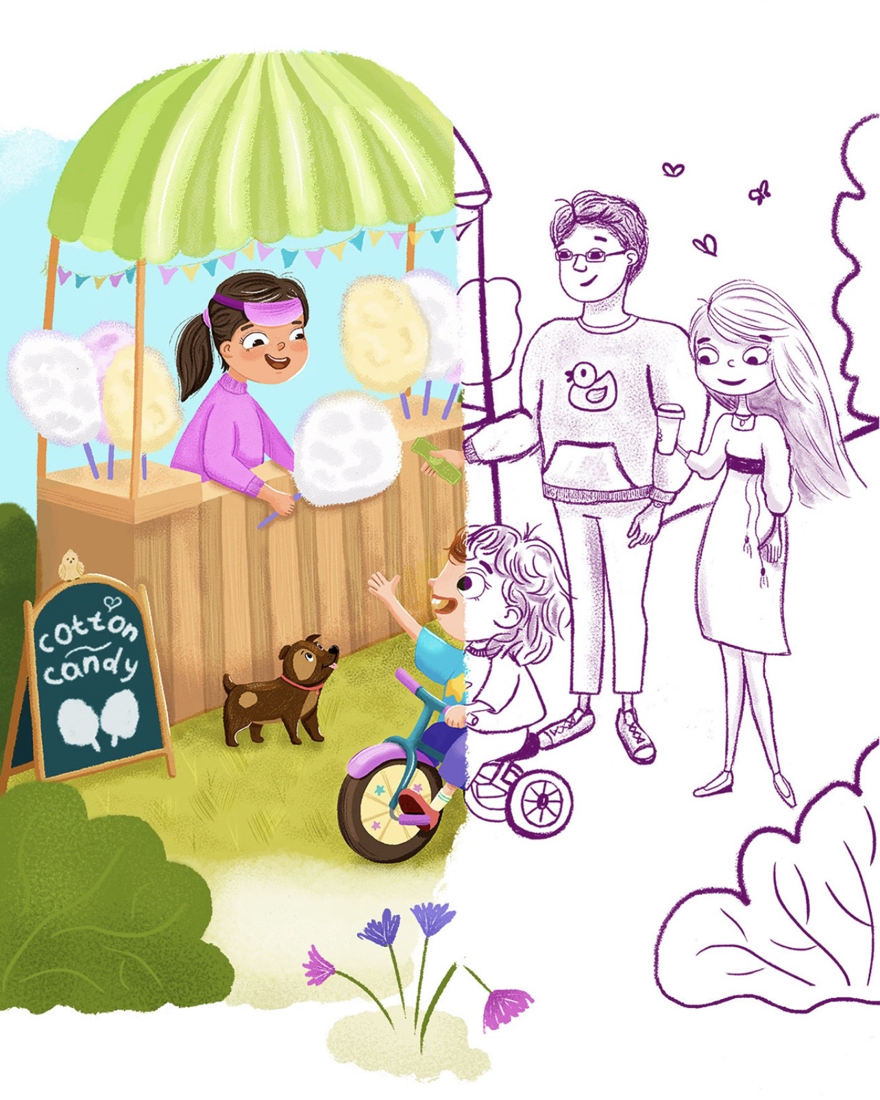 Children's Illustration "Cotton Candy Cart". From Sketch to Final Art.