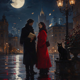 "Midnight in Moscow", modern mystical interpretation: Master with a manuscript, Margarita in scarlet, Behemoth and the night city.
