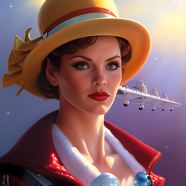 Main retrofuturism style close up portrait of a woman in the diner in  big hat detailed face sun rays 193468149