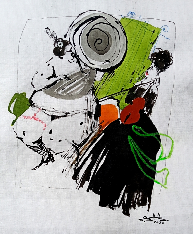 Main psycho.souzafonist from the series   musicians.paper. mixed media. 24 x 31 sousaphonist.2022.