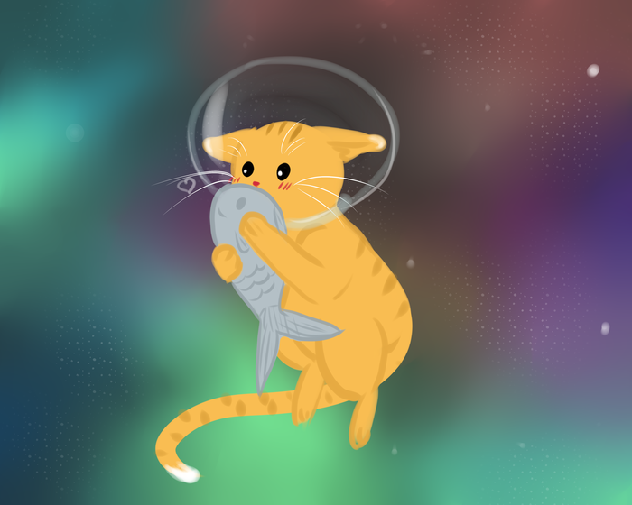Cat in space with his favorite fish