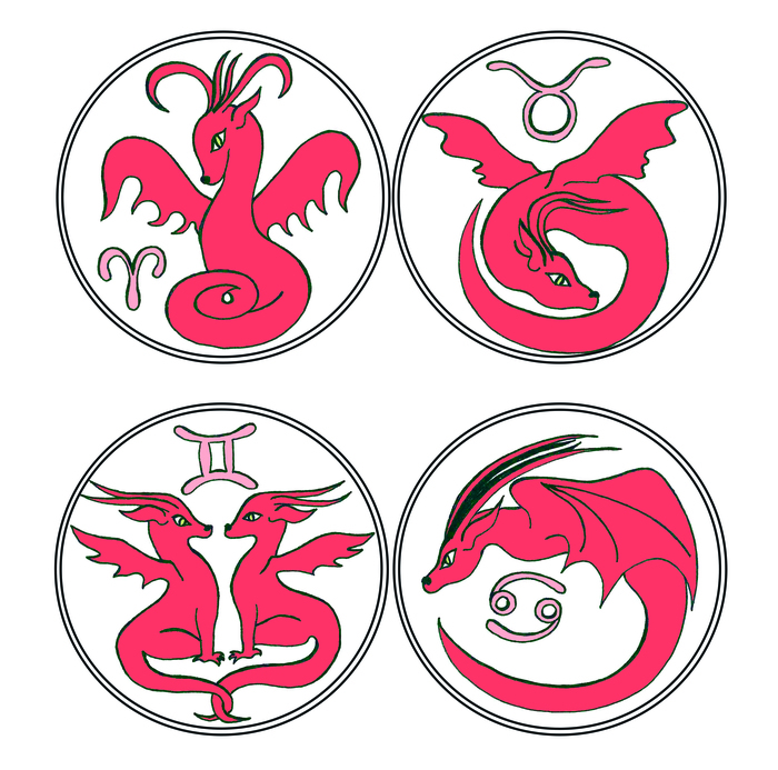 Cute cartoon coral dragon in the form of zodiac signs in rounded frame