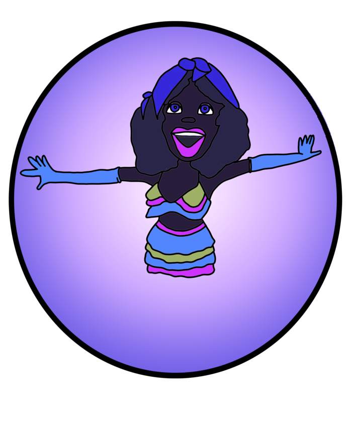 Cartoon image of a very joyful African girl in colorful carnival clothes