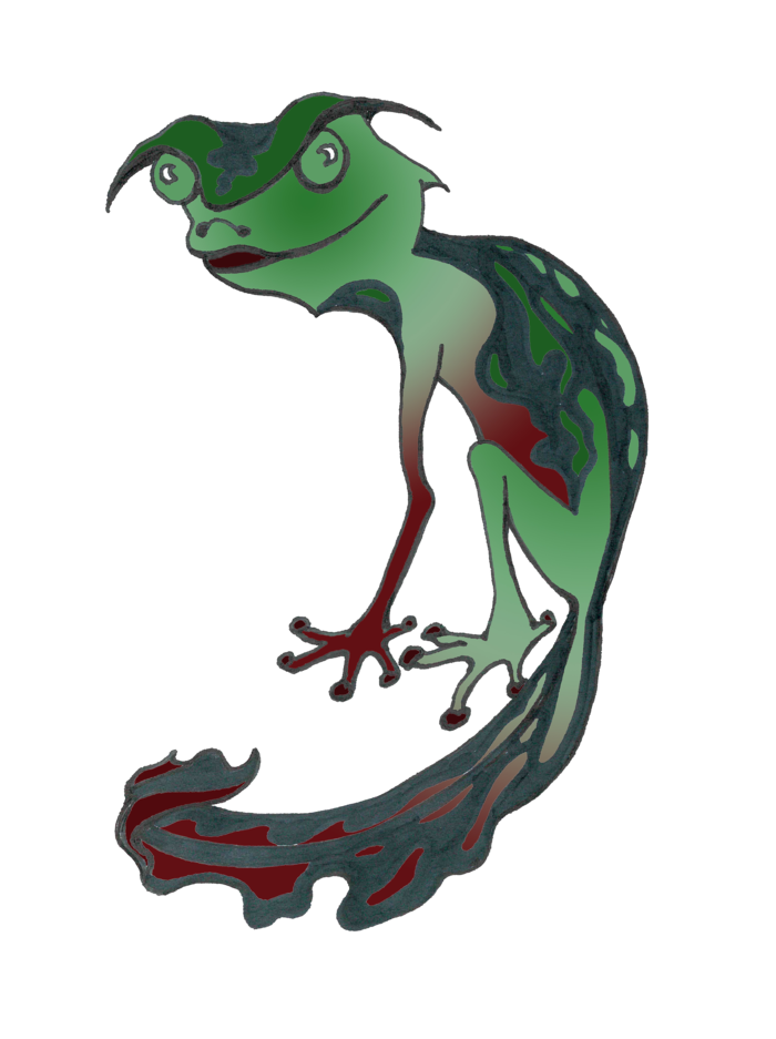 Small lizard-like leaf-tailed red-green dragon with a cute smiling face