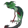 Small lizard-like leaf-tailed red-green dragon with a cute smiling face