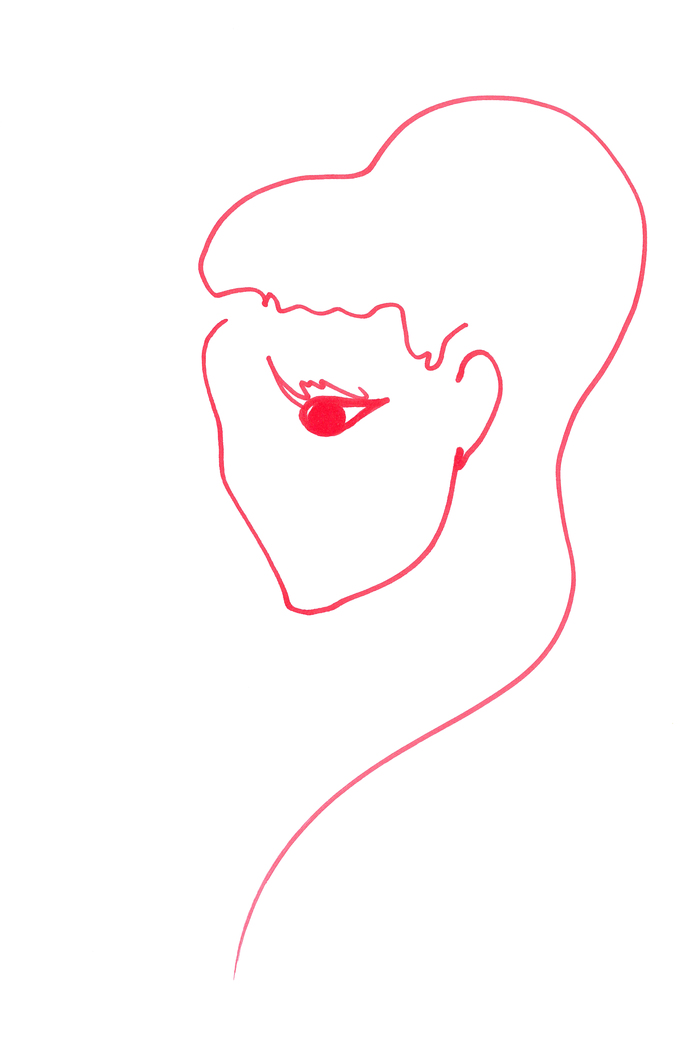 Profile portrait of a girl with big expressive eyes and lush hair gathered in a ponytail in on line art style