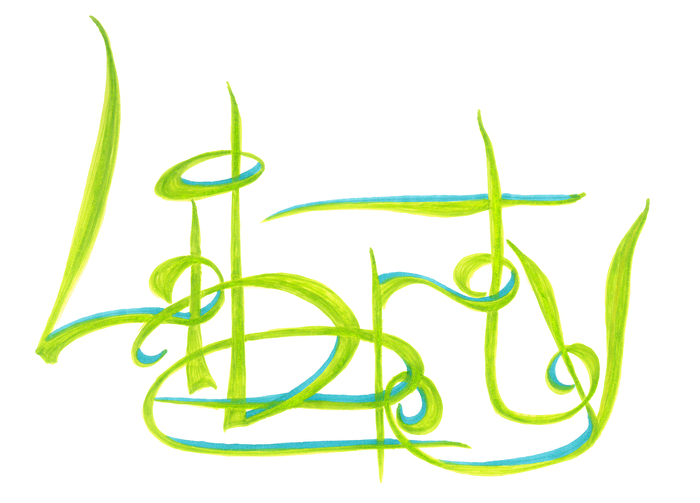 Creative graffiti with the word Liberty, an interlacing of yellow-green letters