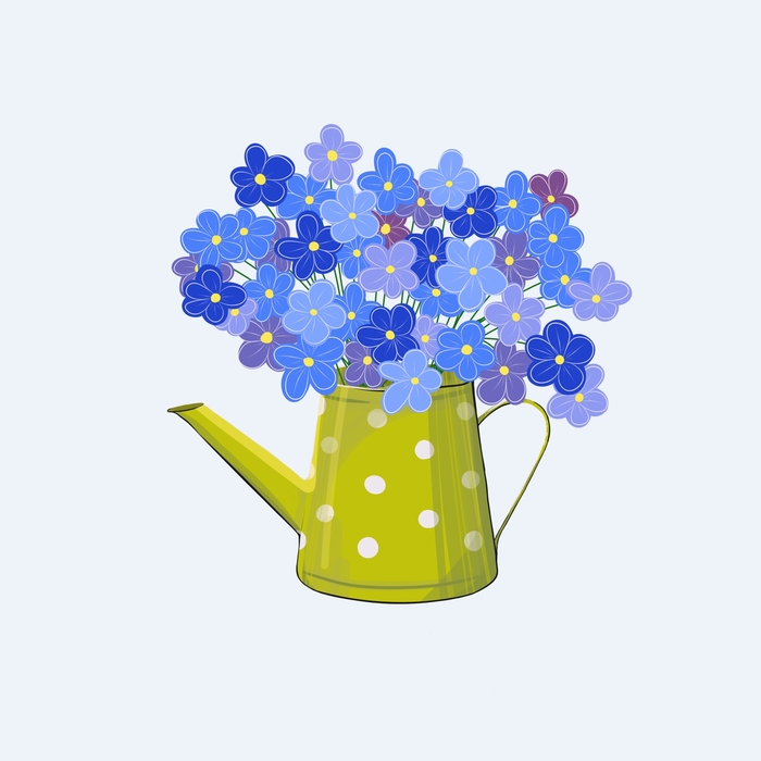 Лейка с незабудками. Watering can with forget-me-nots.