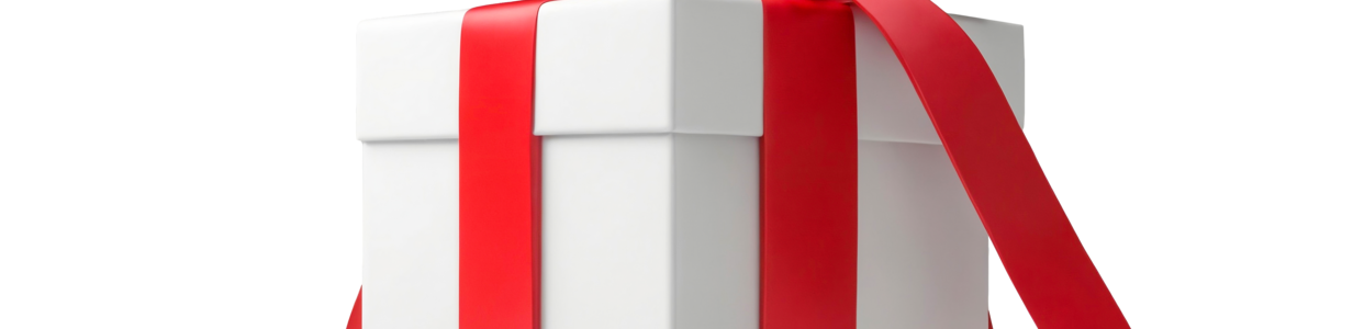 Main white gift wrapped present with a red ribbons bows isolated against a transparent background png